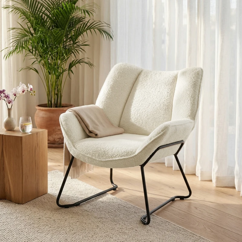 HOMCOM Accent Chair, Sherpa Fleece Armchair with Wide Backrest and Metal Legs, White