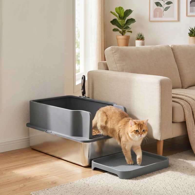 PawHut Stainless Steel Sifting Litter Box for Pine Pellets, Large Metal Litter Box with Sifter Tray, Metal Scoop, 10 Pee Pads