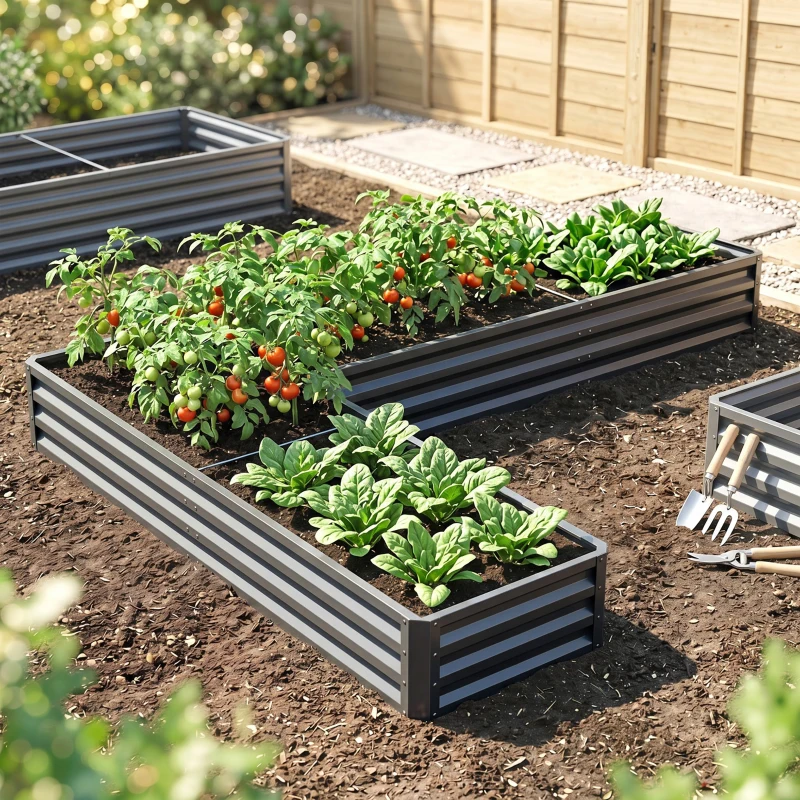 Outsunny L-Shaped Raised Garden Bed, 82" x 109" x 12" Galvanized Steel Planter Box with Multi-reinforced Rods for Vegetables, Flowers and Herbs, Dark Grey