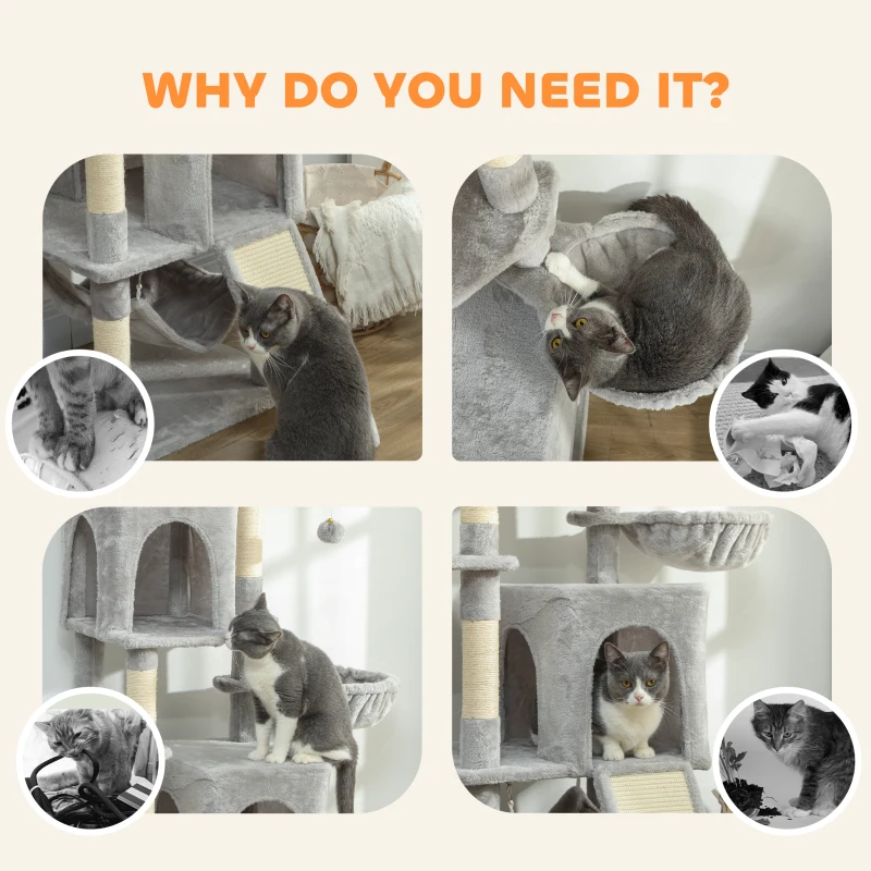 PawHut Cat Tree, 70" Multi-Level Cat Tower with 2 Condos, 2 Beds, Hammock, Toy Balls, Scratching Posts and Board, Light Grey