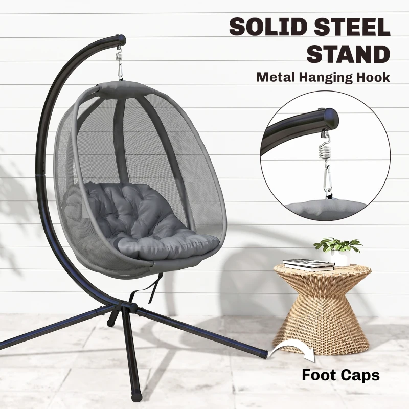Outsunny Hanging Egg Chair, Outdoor Indoor Swing Chair with Stand, Folding Basket and Thickened Cushion, Grey