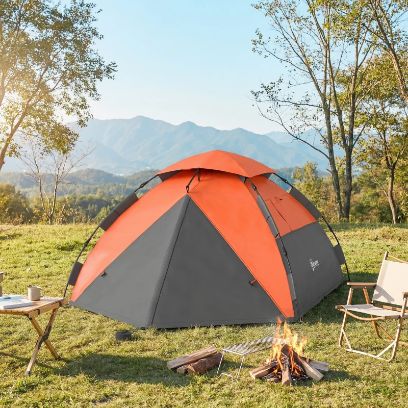 Outsunny Pop up Camping Tent, 3-4 Man Family Tent, 3000mm Waterproof, with Carry Bag and Top Hook, Dark Grey and Orange