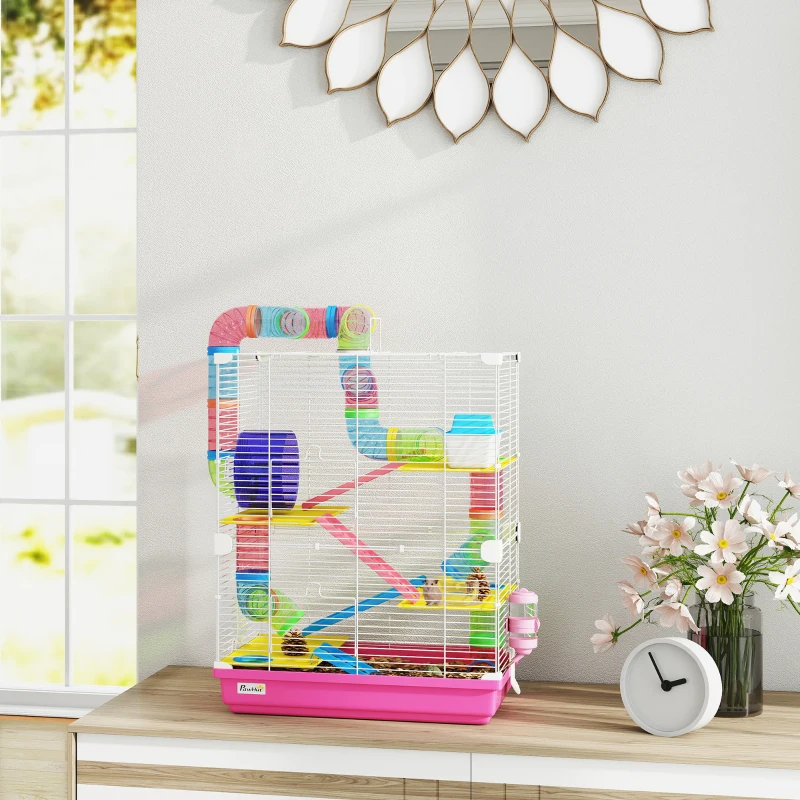PawHut 5 Tiers Hamster Cage Portable with Exercise Wheels Play Tube Water Bottle Dishes House Ladder for Gerbils, Pink