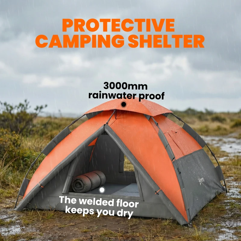 Outsunny Pop up Camping Tent, 3-4 Man Family Tent, 3000mm Waterproof, with Carry Bag and Top Hook, Dark Grey and Orange