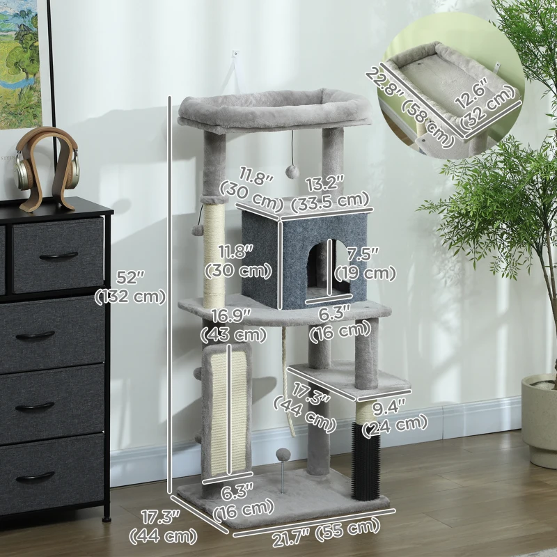 PawHut 52 Inch Cat Tree with Scratching Posts, Cat Bed, Condo, Grooming Brush, Jumping Platforms, Toy Balls, Anti-tip Kit