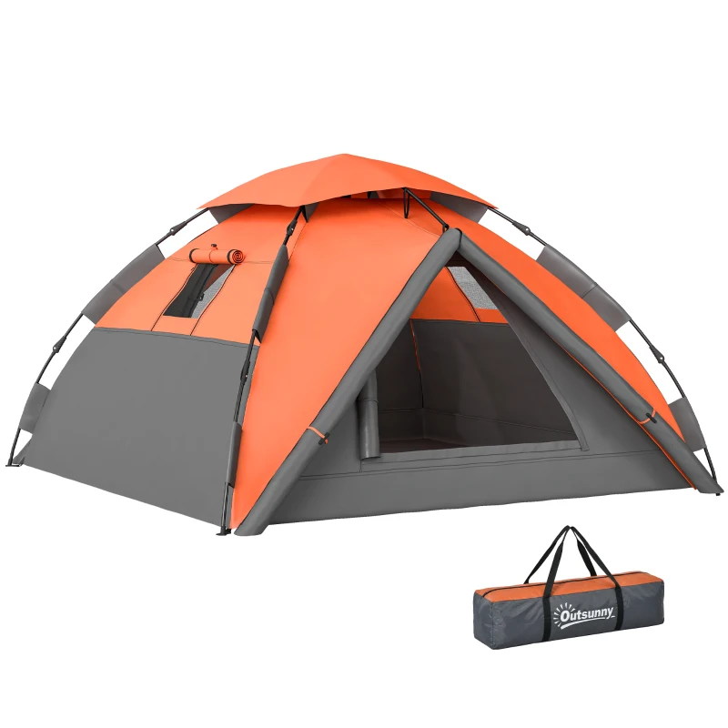 Outsunny Pop up Camping Tent, 3-4 Man Family Tent, 3000mm Waterproof, with Carry Bag and Top Hook, Dark Grey and Orange
