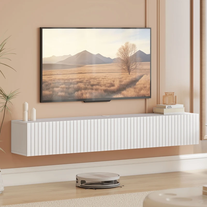 HOMCOM 55" Floating TV Stand for TVs up to 72 Inch, Wall Mount Media Console with 2 Fluted Flip-Down Doors, Cable Hole, White
