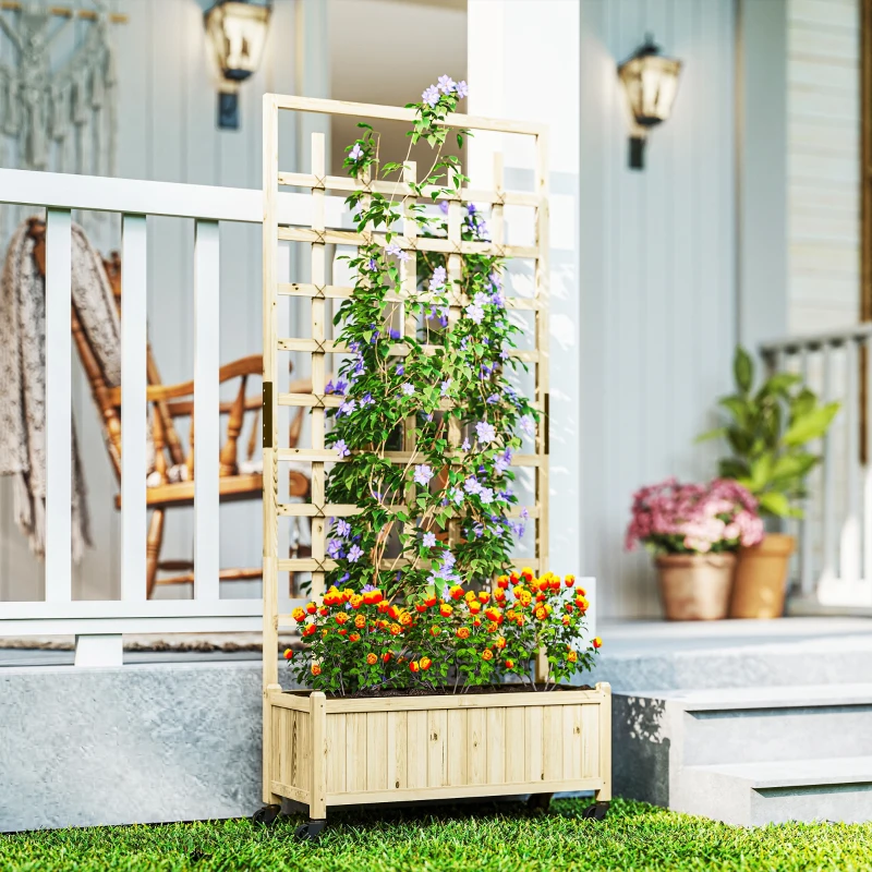 Outsunny Wooden Planter with Trellis, Raised Garden Bed with Wheels, Drainage Holes for Climbing Plants, Flowers, Nature Wood