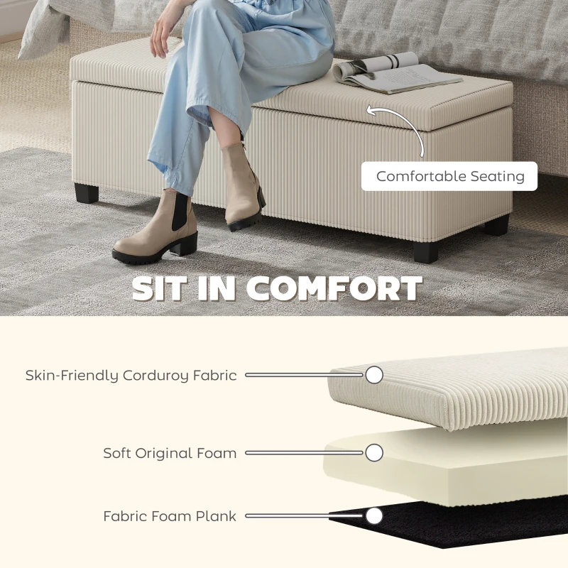 HOMCOM 44 Inches Ottoman with Storage, Lid, Legs, Corduroy End of Bed Bench for Living Room, Bedroom, Entryway, Beige