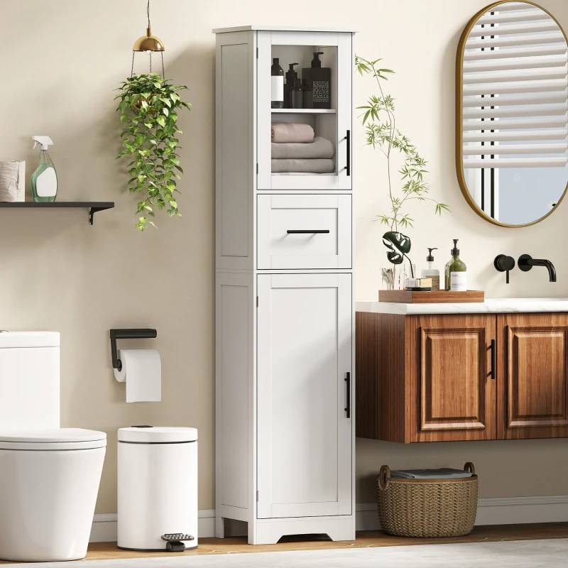 HOMCOM 67" Tall Bathroom Storage Cabinet, Freestanding Narrow Bathroom Cabinet with Adjustable Shelves, Glass Door and Drawer
