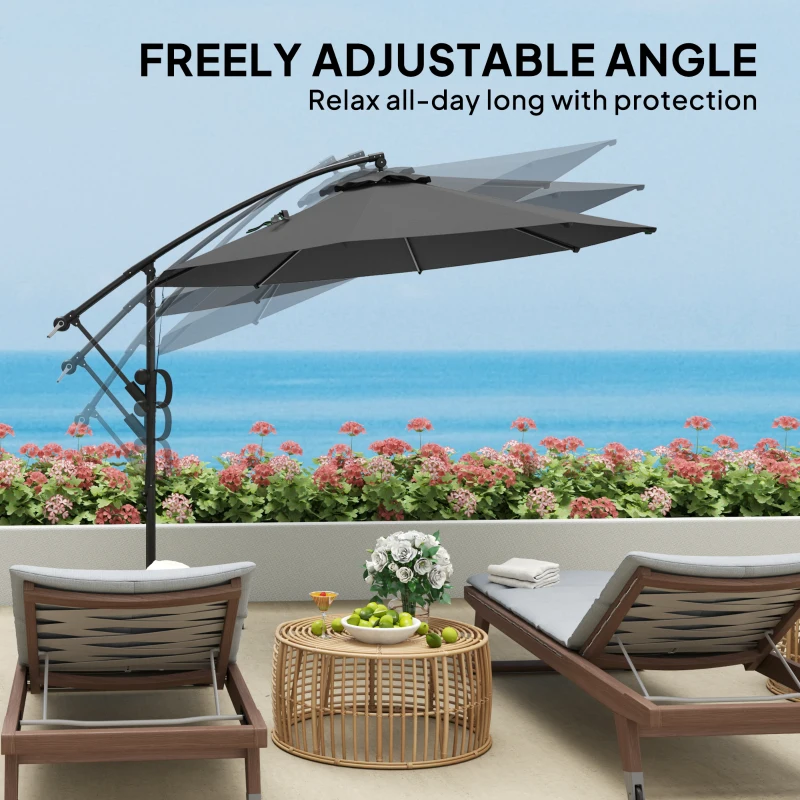 Outsunny 118.1" Patio Offset Umbrella with Cover and Wind Protection Strap,with Crank Handle and Tilt, UPF50+, Grey