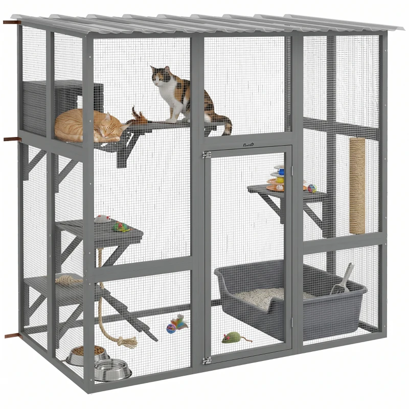 PawHut Large Outdoor Catio with Weatherproof Roof, Bridge, Resting Box, Platforms, Grey