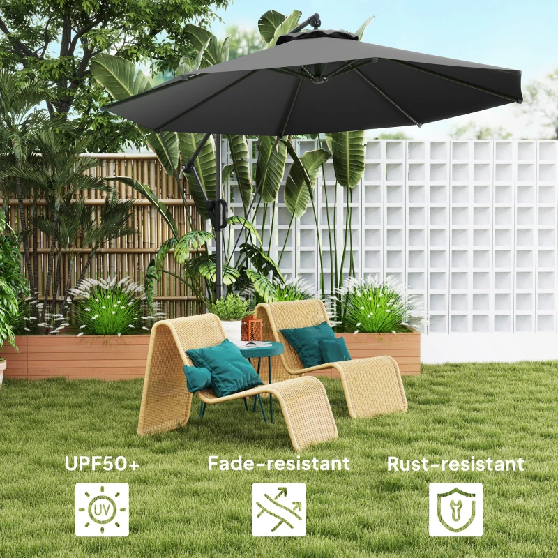 Outsunny 118.1" Patio Offset Umbrella with Cover and Wind Protection Strap,with Crank Handle and Tilt, UPF50+, Grey
