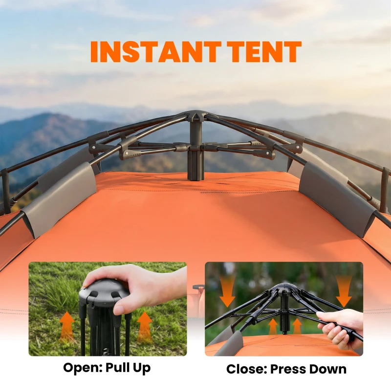Outsunny Pop up Camping Tent, 3-4 Man Family Tent, 3000mm Waterproof, with Carry Bag and Top Hook, Dark Grey and Orange