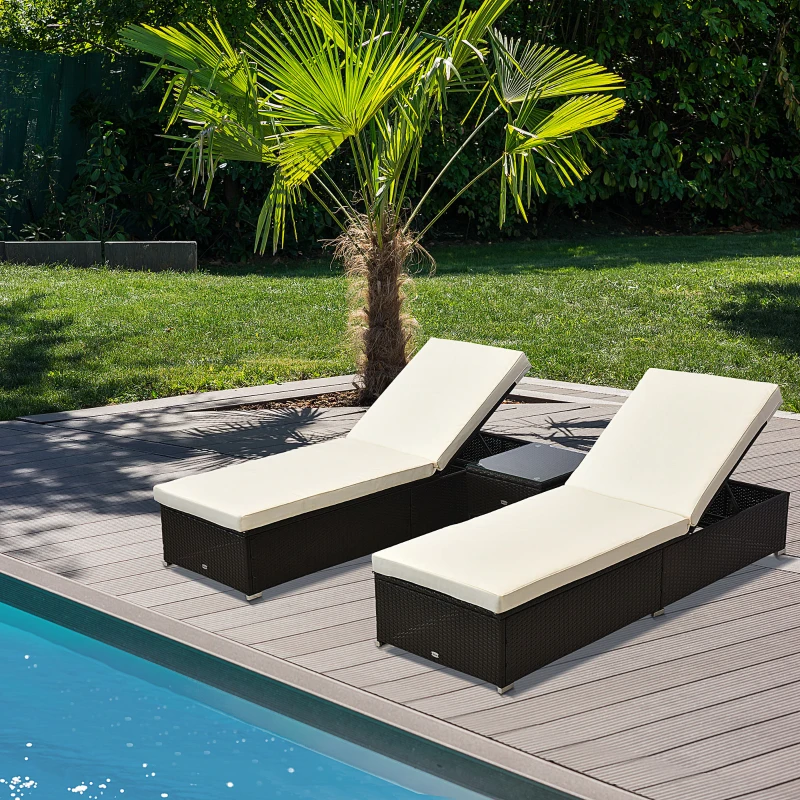 Outsunny 3pc Rattan Lounge Chair Set with Side Table Outdoor Patio Synthetic Rattan Wicker Sun Bed Set with Cushion