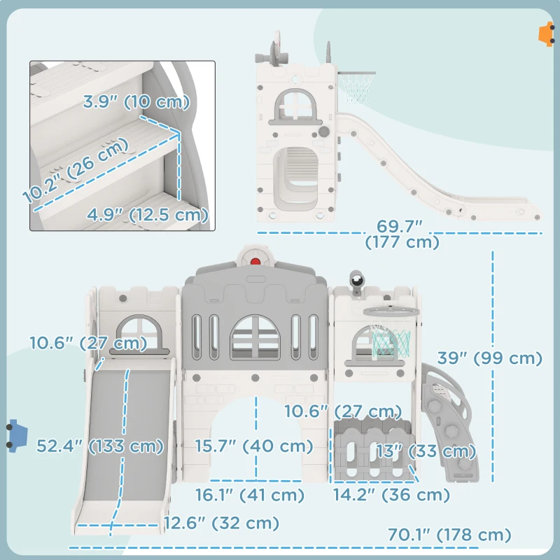 Qaba 9 in 1 Toddler Slide with Basketball Hoop, Climber, Telescope, Tunnel, Steering Wheel, for 1-3 Years, Grey