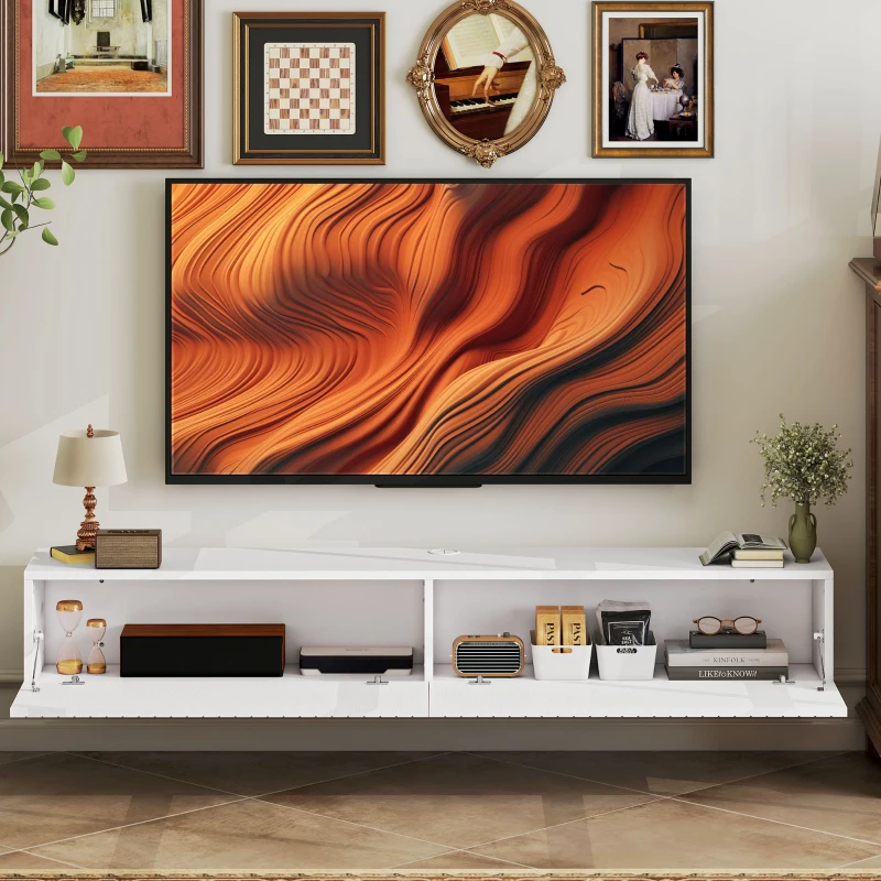HOMCOM 55" Floating TV Stand for TVs up to 72 Inch, Wall Mount Media Console with 2 Fluted Flip-Down Doors, Cable Hole, White