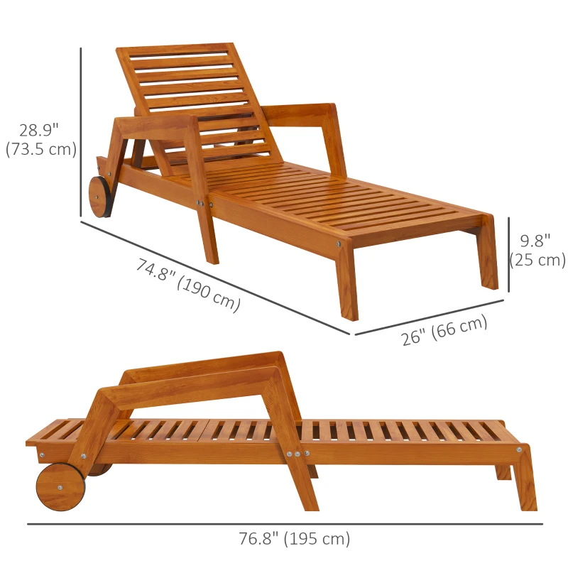 Outsunny Wood Lounge Chair Outdoor Tanning Chair with Wheels, 3-Position Adjustable Backrest and Armrests, Orange