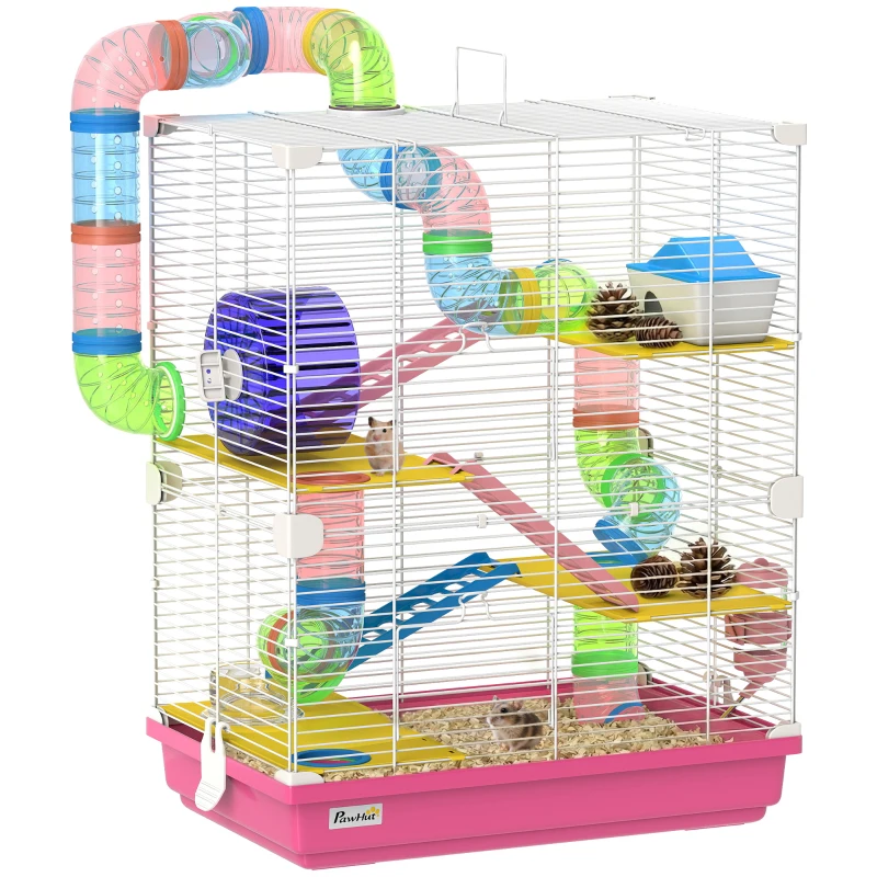 PawHut 5 Tiers Hamster Cage Portable with Exercise Wheels Play Tube Water Bottle Dishes House Ladder for Gerbils, Pink