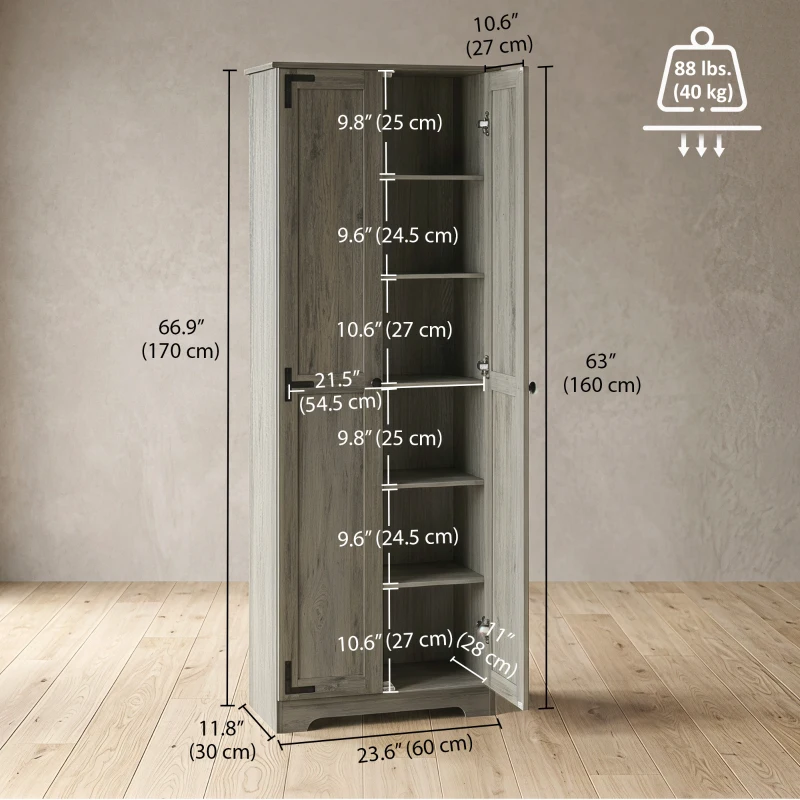 HOMCOM 67" Farmhouse Pantry Cabinet with 2 Doors, Tall Storage Cabinet with Adjustable Shelves, Distressed Grey