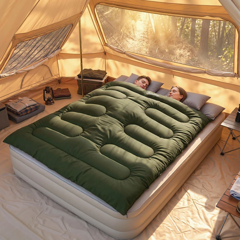 Outsunny Double Sleeping Bag for Adults, Queen Size 2 Person Sleeping Bag with 2 Pillows, for Cold Weather & Warm, Green
