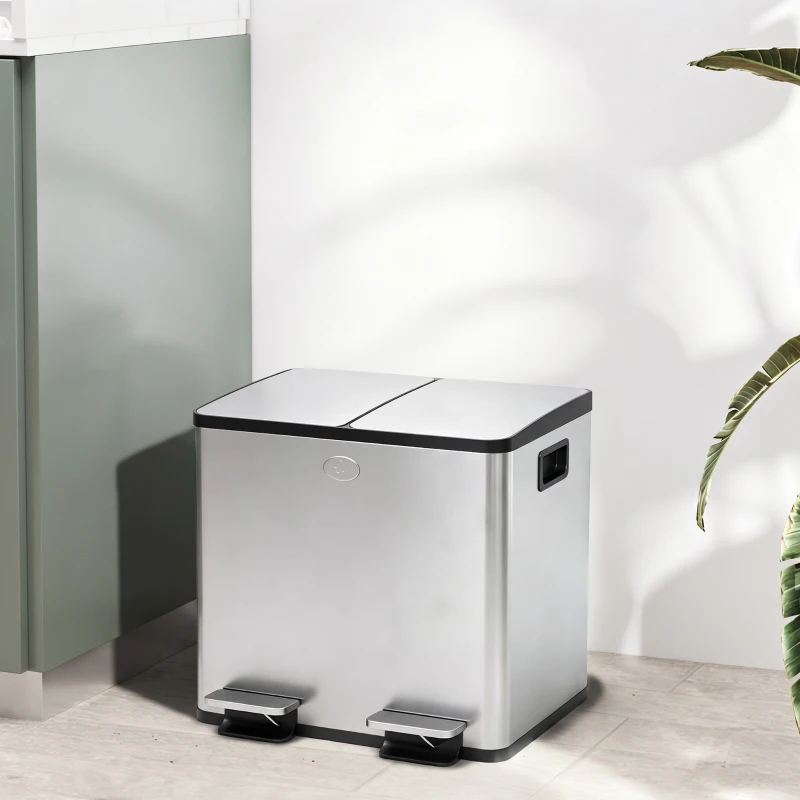 HOMCOM Garbage Bin, Soft-Close Trash Can with Foot Pedal, 2x4 Gallon (2x15 L) Garbage Can with Removable Inner Buckets, Silver
