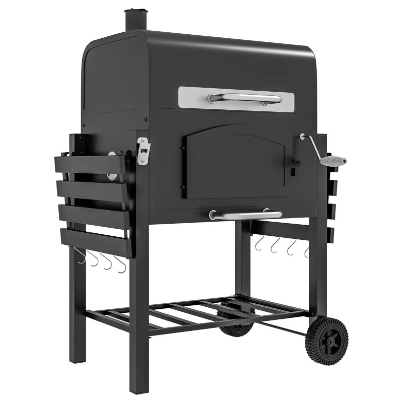 Outsunny Charcoal Smoker Adjustable Height, Folding Shelves, Thermometer, and Wheels, Black