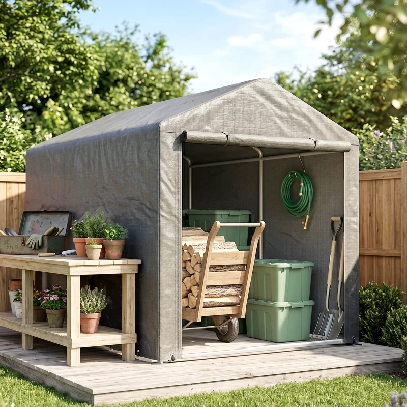 Outsunny Portable Bicycle Shed with Galvanized Steel Frame and Large Door, Waterproof Outdoor Shed for Garden Tools, Light Grey