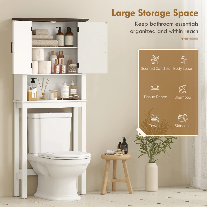 HOMCOM Over The Toilet Storage, Bathroom Cabinet Over Toilet with Open Shelf and Adjustable Bottom Bar, White