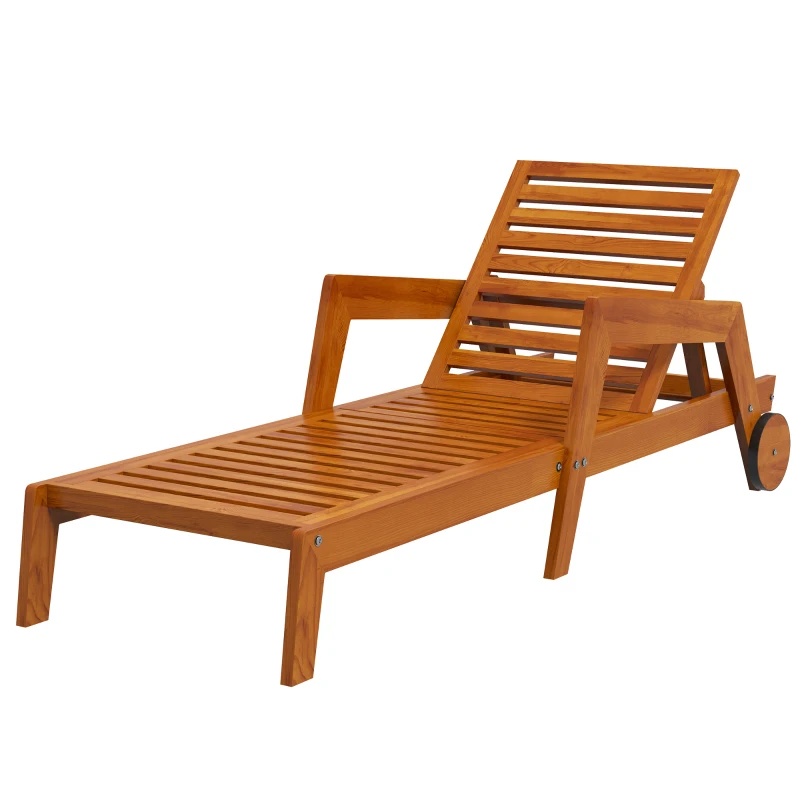 Outsunny Wood Lounge Chair Outdoor Tanning Chair with Wheels, 3-Position Adjustable Backrest and Armrests, Orange