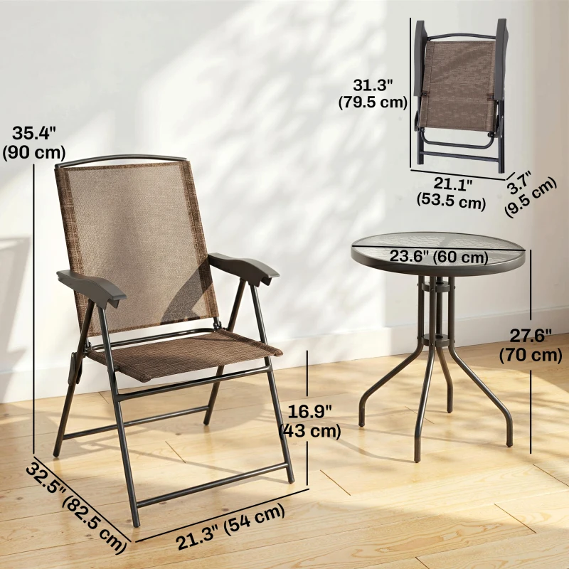 Outsunny Folding Outdoor Bistro Set, Patio Table and Chairs with Reclining Backrest and Round Dining Table, Brown