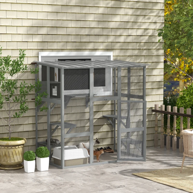 PawHut Large Outdoor Catio with Weatherproof Roof, Bridge, Resting Box, Platforms, Grey