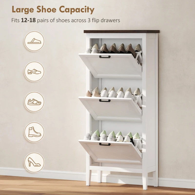 HOMCOM Shoe Cabinet with 3 Flip Drawers, Farmhouse Narrow Shoe Storage Cabinet with Adjustable Shelves, White