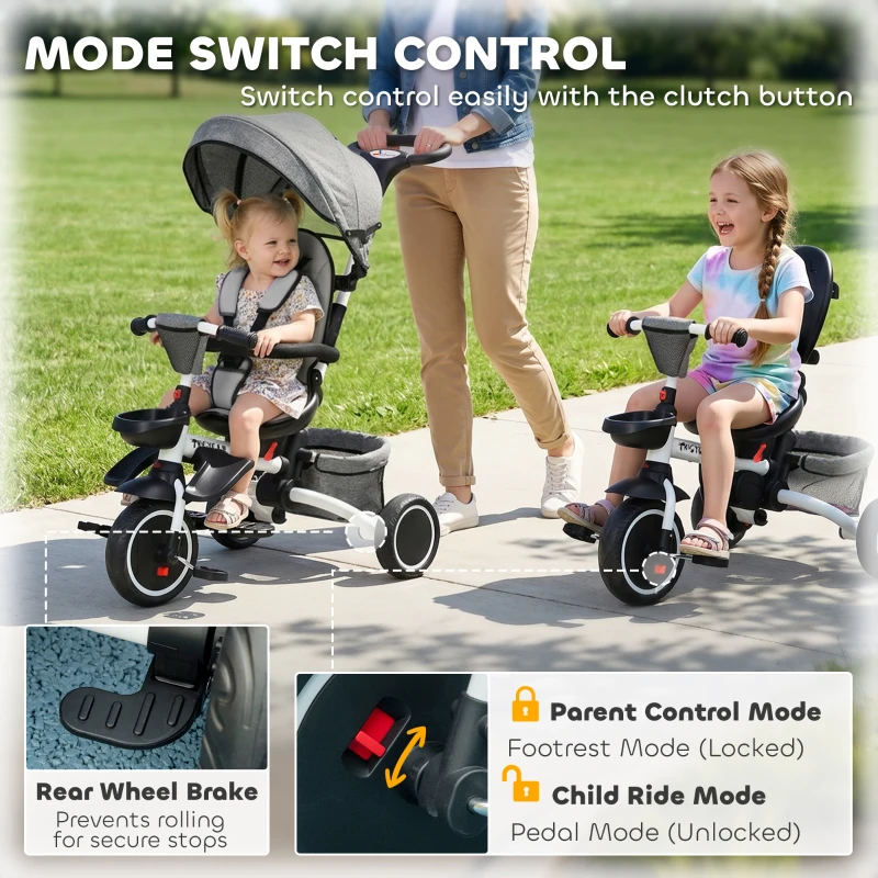 Aosom Tricycle for Toddler 6-in-1 Kids Trike, Foldable Converts Stroller to Baby Push Bike, Adjustable Backrest with Detachable Guardrail & Handle, Brake for 1-4 Years Old, Grey