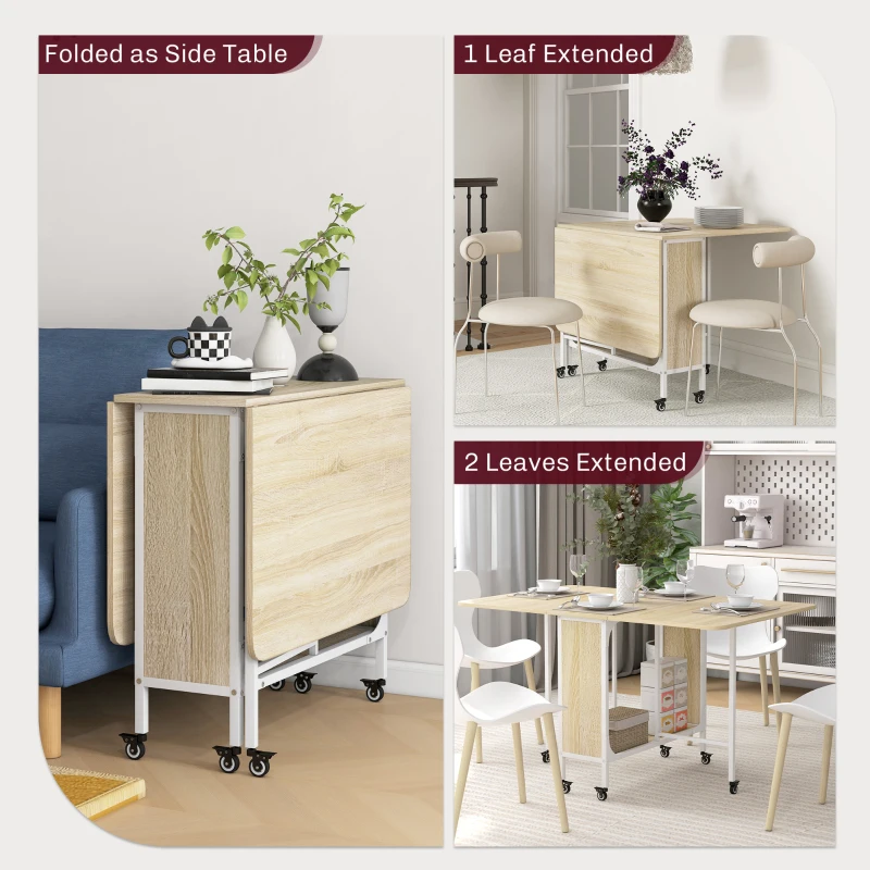HOMCOM Folding Dining Table, Extendable Kitchen Table for Small Spaces with Storage Shelf and 6 Wheels, Natural Wood