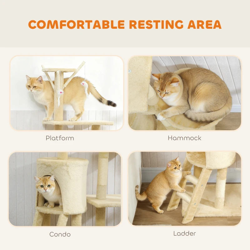 PawHut 53" Cat Tree Tower, Kitten Activity Centre with Scratching Posts, Condo, Perches, Ladder, Hammock, Dangling Toys, Beige