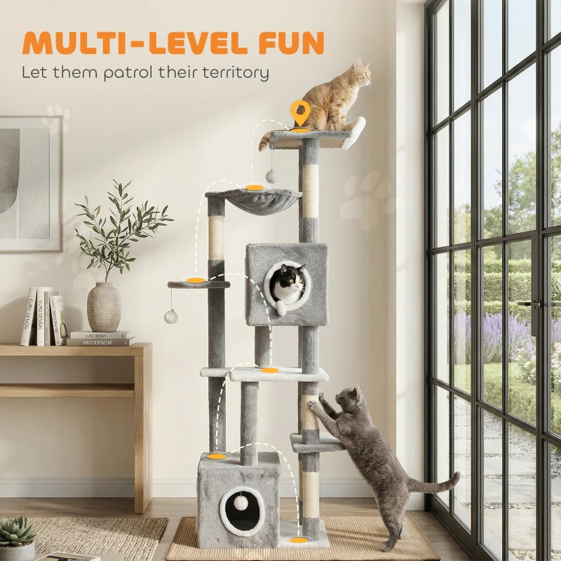 PawHut 65 Inch Cat Tree with 2 Doors Condos, Plush Top Perch, Hammock, Sisal Scratching Posts, 4 Pompoms, Ramp, Grey