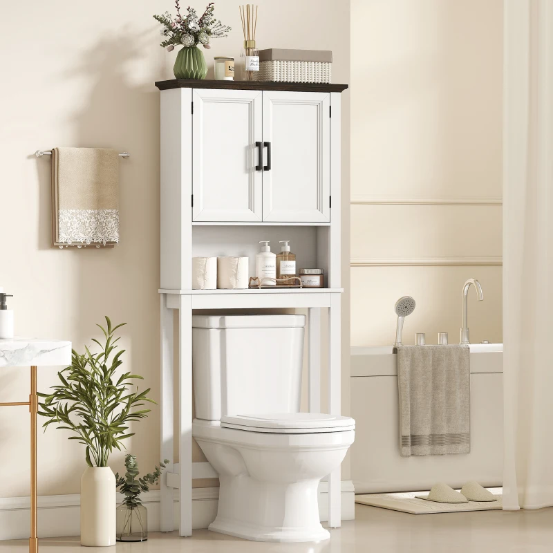 HOMCOM Over The Toilet Storage, Bathroom Cabinet Over Toilet with Open Shelf and Adjustable Bottom Bar, White