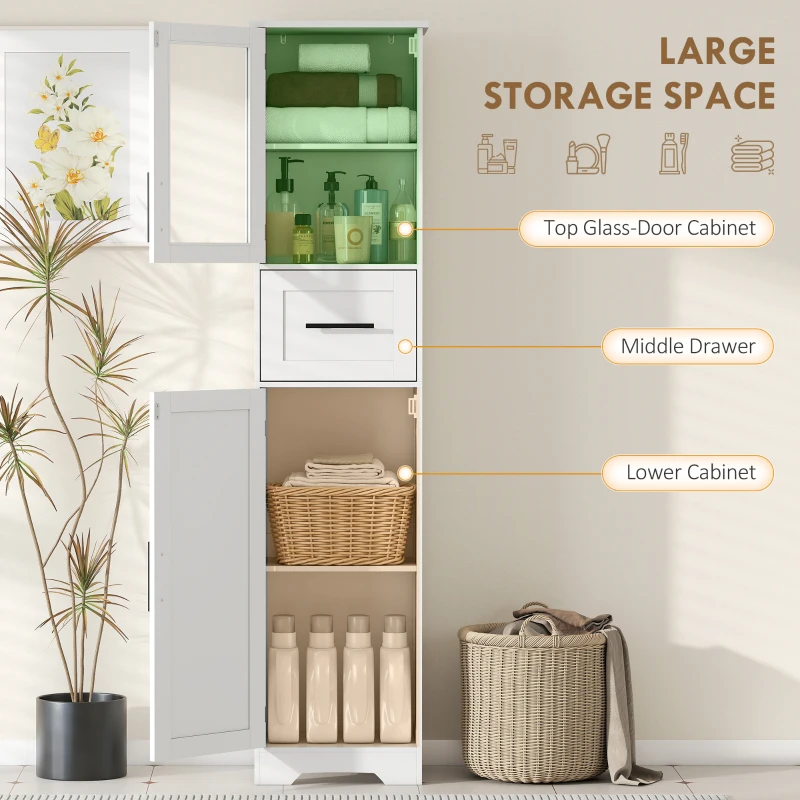 HOMCOM 67" Tall Bathroom Storage Cabinet, Freestanding Narrow Bathroom Cabinet with Adjustable Shelves, Glass Door and Drawer