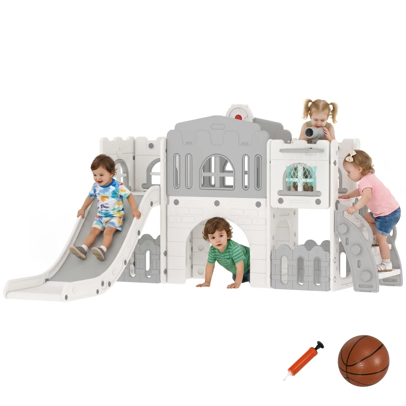 Qaba 9 in 1 Toddler Slide with Basketball Hoop, Climber, Telescope, Tunnel, Steering Wheel, for 1-3 Years, Grey