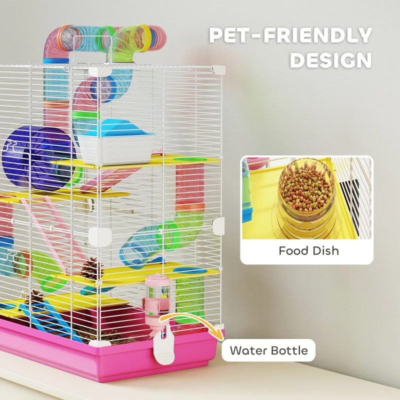 PawHut 5 Tiers Hamster Cage Portable with Exercise Wheels Play Tube Water Bottle Dishes House Ladder for Gerbils, Pink