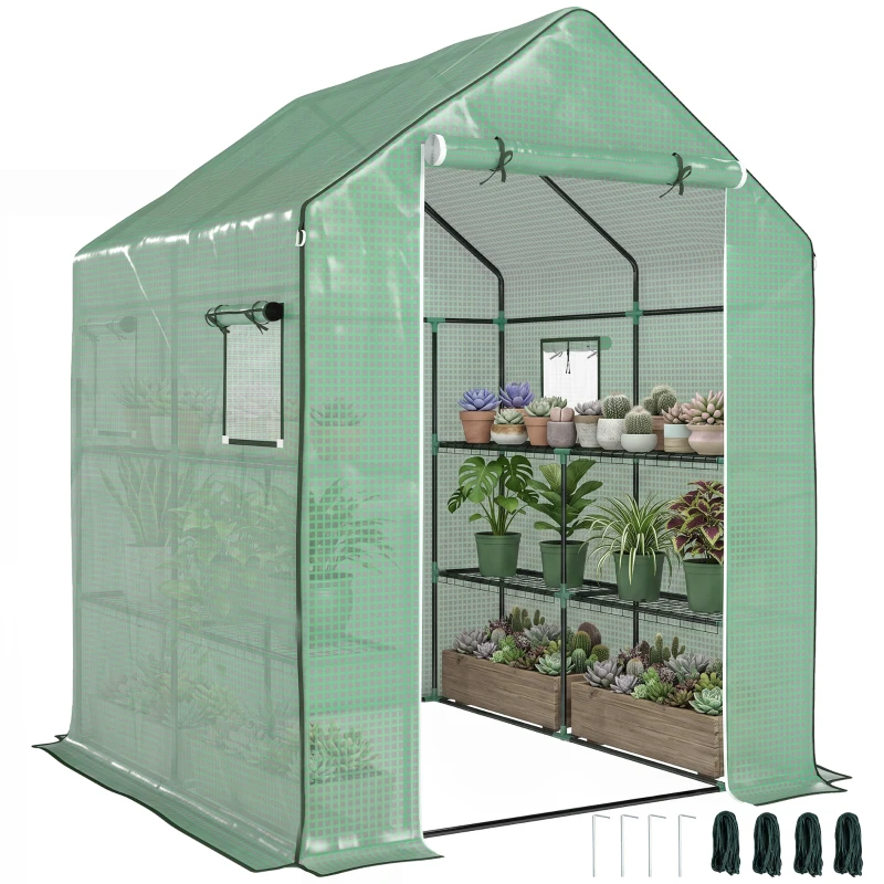 Outsunny 4.6' x 4.7' x 6.2' Walk-in Greenhouse with 3 Tier 8 Shelves, Outdoor Green House with Reinforced PE Cover, Garden Plant Grow Hot House Roll-up Door and Mesh Windows, Green