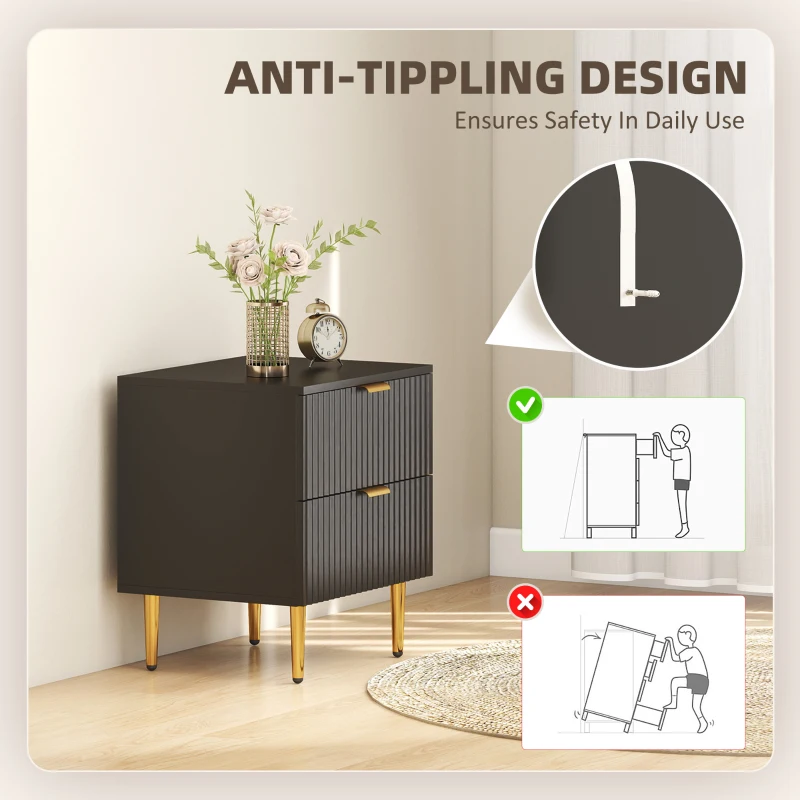 HOMCOM Bedside Table Set of 2, Modern Nightstand with 2 Drawers, Side End Table with Metal Legs for Living Room, Bedroom, Black