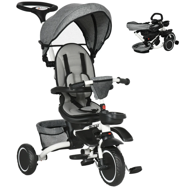 Aosom Tricycle for Toddler 6-in-1 Kids Trike, Foldable Converts Stroller to Baby Push Bike, Adjustable Backrest with Detachable Guardrail & Handle, Brake for 1-4 Years Old, Grey