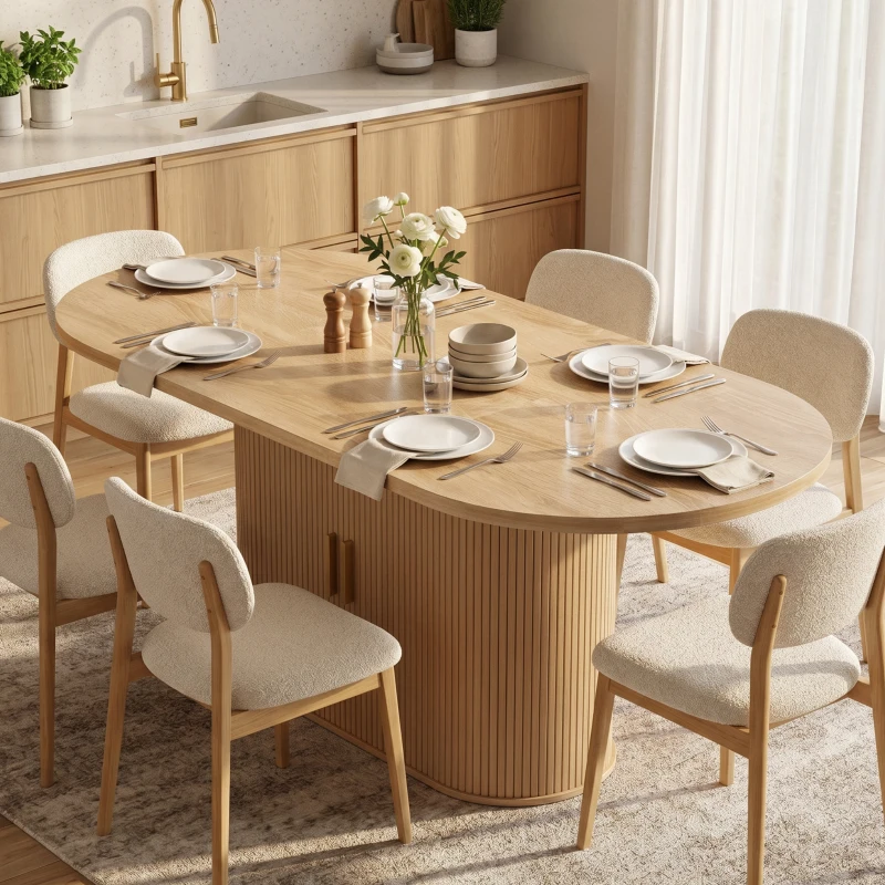 HOMCOM Dining Table Modern Farmhouse Kitchen Table Under-Table Cabinet Oak