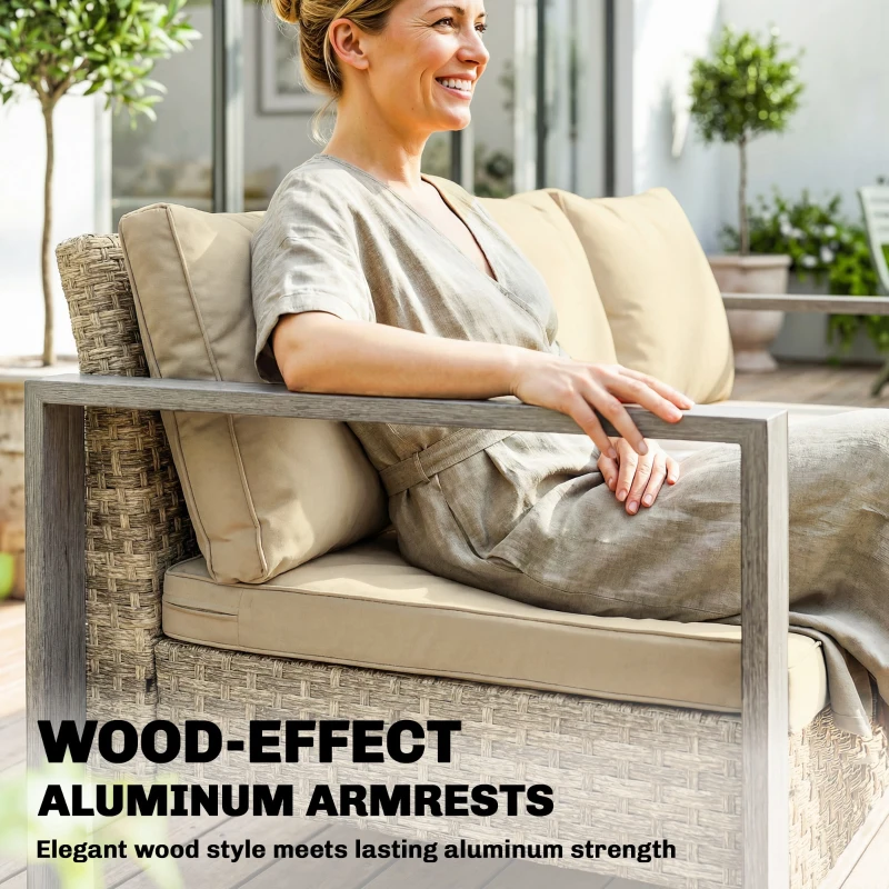Outsunny 3-Seater Outdoor Couch, PE Wicker Patio Sofa with Deep Seat, Wood-Effect Aluminum Armrests, Cushions, Khaki