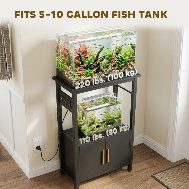PawHut 5-10 Gallon Fish Tank Stand Aquarium Stand with Power Outlets, Cabinet, Shelf, 550 lbs Capacity, 20.5" x 11" x 31.5"