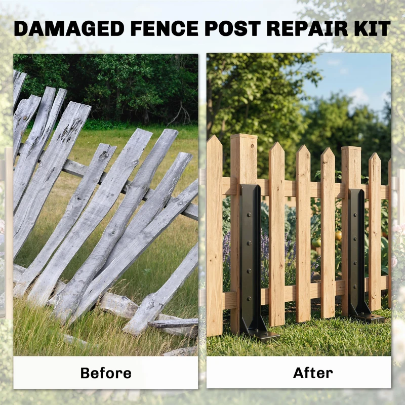 Outsunny 4 Pack Fence Post Repair Kit, 32" Steel Fence Post Support with Drill for Wooden Fences, Broken Gate, Posts