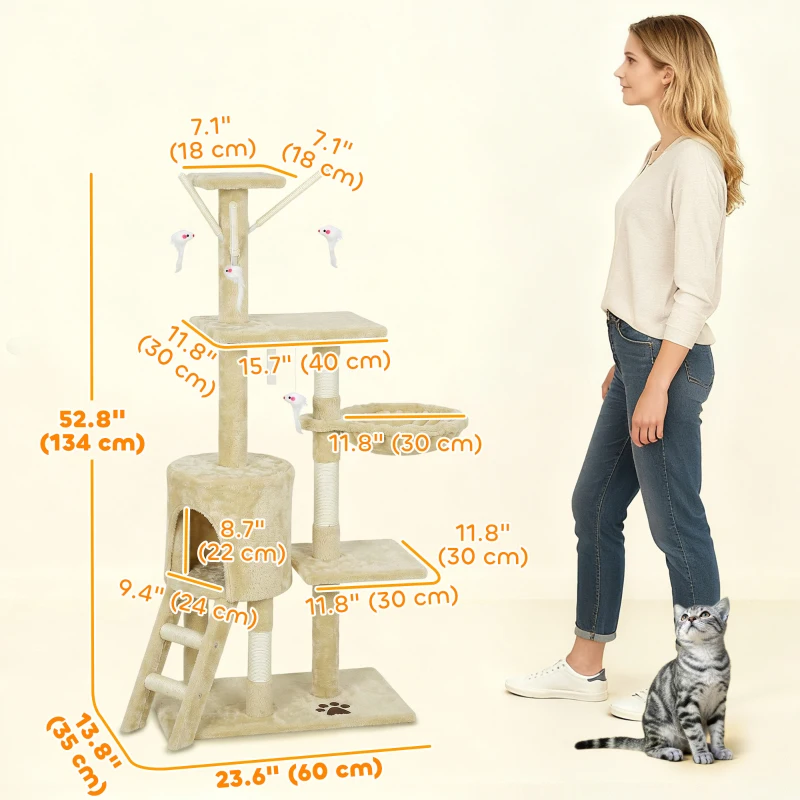PawHut 53" Cat Tree Tower, Kitten Activity Centre with Scratching Posts, Condo, Perches, Ladder, Hammock, Dangling Toys, Beige