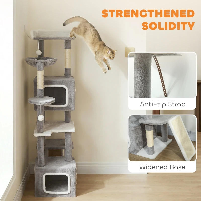 PawHut 65 Inch Cat Tree with 2 Doors Condos, Plush Top Perch, Hammock, Sisal Scratching Posts, 4 Pompoms, Ramp, Grey